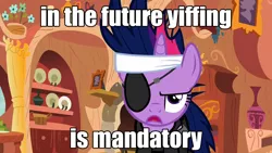 Size: 1280x720 | Tagged: derpibooru import, edit, edited screencap, eyepatch, future twilight, golden oaks library, image macro, in the future, it's about time, meme, safe, screencap, solo, twilight sparkle, yiff
