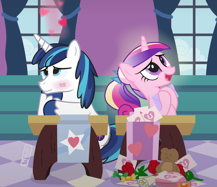 Size: 1085x935 | Tagged: artist:dm29, blushing, classroom, derpibooru import, desk, female, flower, heart, hearts and hooves day, kiss mark, lipstick, male, princess cadance, rose, safe, shining armor, shiningcadance, shipping, straight, valentine's day, valentine's day card, younger