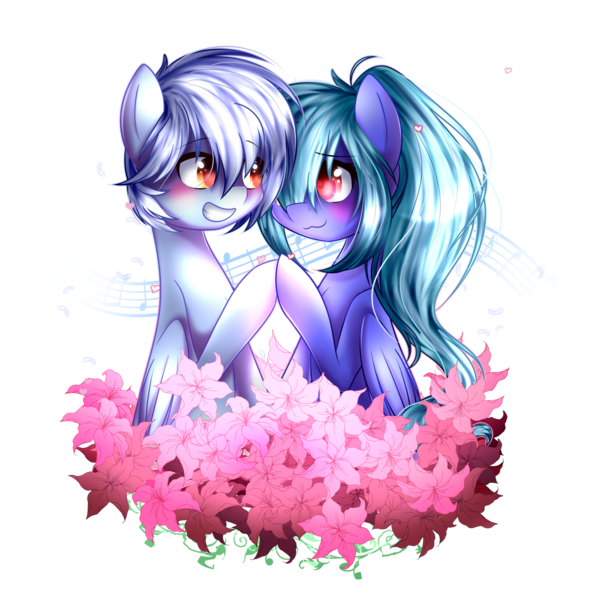 Size: 1600x1600 | Tagged: safe, artist:snowbunny0820, derpibooru import, oc, unofficial characters only, pegasus, pony, blushing, female, flower, hair over one eye, male, mare, music notes, oc x oc, shipping, simple background, stallion, straight, transparent background