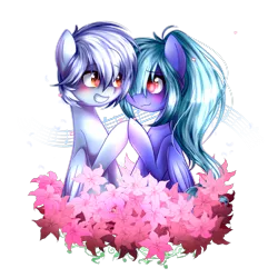 Size: 1600x1600 | Tagged: safe, artist:snowbunny0820, derpibooru import, oc, unofficial characters only, pegasus, pony, blushing, female, flower, hair over one eye, male, mare, music notes, oc x oc, shipping, simple background, stallion, straight, transparent background