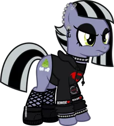 Size: 1117x1230 | Tagged: safe, artist:lightningbolt, derpibooru import, limestone pie, earth pony, pony, angry, armband, boots, bracelet, choker, clandestine industries, clothes, dyed mane, ear piercing, earring, emo, eyeliner, eyeshadow, female, fishnets, frnkiero andthe cellabration, frown, glare, green day, heart, hoodie, jewelry, lip piercing, makeup, mare, my chemical romance, nose piercing, panic! at the disco, piercing, punk, safety pin, shirt, shoes, simple background, snake bites, socks, solo, spiked choker, spiked wristband, svg, .svg available, transparent background, undershirt, vector, wristband, zipper
