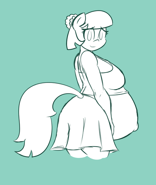 Size: 1765x2089 | Tagged: safe, artist:funble, derpibooru import, coco pommel, anthro, earth pony, belly, belly button, big belly, clothes, coco preggo, female, looking at you, mare, monochrome, pregnant, sketch, skirt, smiling, solo