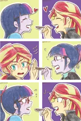 Size: 1440x2160 | Tagged: safe, artist:aka-ryuga, derpibooru import, sci-twi, sunset shimmer, twilight sparkle, equestria girls, blushing, eyes closed, feeding, female, glasses, lesbian, open mouth, scitwishimmer, shipping, spoon, sunsetsparkle, twolight