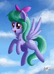 Size: 2200x2970 | Tagged: artist:duskie-06, cloud, commission, cute, derpibooru import, flitter, flitterbetes, flying, open mouth, raised hoof, safe, signature, sky, smiling, solo, spread wings