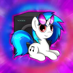 Size: 894x894 | Tagged: safe, artist:conniethecasanova, artist:flamevulture17, color edit, derpibooru import, edit, vinyl scratch, pony, unicorn, colored, prone, solo, speakers, wrong eye color