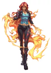 Size: 1202x1700 | Tagged: artist:nekoka shuuri-ya, badass, clothes, derpibooru import, female, fiery shimmer, fire, human, humanized, jacket, jewelry, looking at you, magic, midriff, necklace, pants, pixiv, pyrokinesis, safe, simple background, smiling, solo, sunset shimmer, tanktop, white background