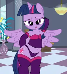 Size: 1735x1900 | Tagged: suggestive, artist:an-tonio, artist:hendro107, derpibooru import, edit, twilight sparkle, twilight sparkle (alicorn), alicorn, pony, semi-anthro, bedroom eyes, belly button, clothes, evening gloves, female, gloves, lingerie, long gloves, looking at you, panties, purple underwear, smiling, socks, solo, solo female, spread wings, thigh highs, underwear