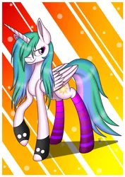 Size: 1169x1650 | Tagged: safe, artist:margo24, derpibooru import, princess celestia, alicorn, pony, clothes, socks, solo, striped socks