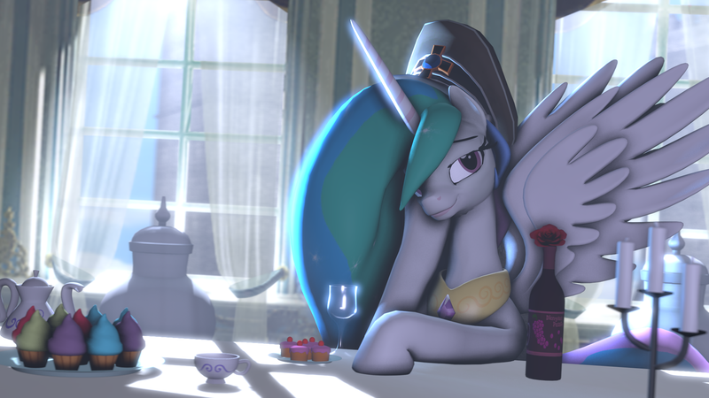 Size: 1920x1080 | Tagged: safe, anonymous artist, derpibooru import, princess celestia, alicorn, pony, 3d, alcohol, candle, cup, cupcake, flower, food, hat, indoors, looking at you, rose, solo, source filmmaker, tea, teacup, teapot, window, wine