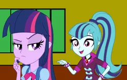 Size: 840x532 | Tagged: safe, artist:ktd1993, derpibooru import, sonata dusk, twilight sparkle, equestria girls, rainbow rocks, bowtie, bracelet, female, jewelry, lesbian, shipping, twinata