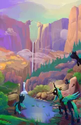 Size: 1650x2550 | Tagged: artist:viwrastupr, canyon, changeling, color porn, derpibooru import, female, open mouth, queen chrysalis, raised hoof, river, safe, scenery, scenery porn, statue, swarm, waterfall