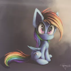 Size: 1200x1200 | Tagged: safe, artist:ferasor, derpibooru import, rainbow dash, cute, dashabetes, fluffy, looking at you, signature, sitting, smiling, solo