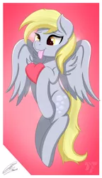 Size: 2222x3850 | Tagged: safe, artist:nexcoyotlgt, derpibooru import, derpy hooves, pegasus, pony, cute, derpabetes, female, heart, mare, signature, simple background, solo, tongue out, valentine's day