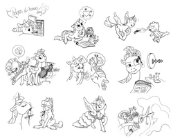 Size: 3000x2400 | Tagged: safe, artist:spectralunicorn, derpibooru import, princess celestia, rarity, spike, twilight sparkle, twilight sparkle (alicorn), twilight velvet, alicorn, classical unicorn, dragon, pony, unicorn, armpits, black and white, blushing, bouquet, clothes, cloven hooves, comic, dress, ear piercing, earring, electric razor, eyes closed, facial hair, female, grayscale, heart, heart eyes, hearts and hooves day, jewelry, leg fluff, lesbian, levitation, magic, makeup, male, mare, monochrome, open mouth, piercing, raised hoof, shaving, shipping, shrunken pupils, simple background, sitting, speech bubble, spread wings, telekinesis, thought bubble, tongue out, twilestia, unshorn fetlocks, white background, wingding eyes, wings