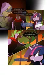 Size: 3541x5016 | Tagged: safe, artist:gashiboka, derpibooru import, princess gold lily, princess sterling, spike, twilight sparkle, twilight sparkle (alicorn), alicorn, dragon, pony, comic:recall the time of no return, absurd resolution, comic, older, older spike, tyrant sparkle