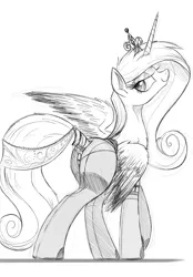 Size: 1390x2000 | Tagged: suggestive, artist:raps, derpibooru import, princess cadance, alicorn, pony, bedroom eyes, cadance has a nice ass, clothes, crown, female, grayscale, jewelry, lingerie, looking back, lovebutt, milf, monochrome, plot, regalia, sketch, smiling, solo, solo female