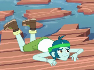 Size: 330x247 | Tagged: safe, derpibooru import, screencap, captain planet, equestria girls, legend of everfree, background human, clothes, lake, pier, shorts, solo