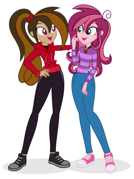 Size: 762x1017 | Tagged: safe, artist:shizow, derpibooru import, oc, oc:contralto, oc:cupcake slash, unofficial characters only, equestria girls, clothes, converse, disguised siren, equestria girls-ified, female, hoodie, jeans, lesbian, open mouth, pants, ponytail, shoes, simple background, sneakers, transparent background, vector