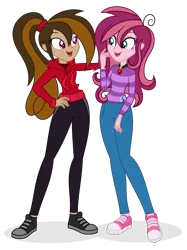 Size: 762x1017 | Tagged: safe, artist:shizow, derpibooru import, oc, oc:contralto, oc:cupcake slash, unofficial characters only, equestria girls, clothes, converse, disguised siren, equestria girls-ified, female, hoodie, jeans, lesbian, open mouth, pants, ponytail, shoes, simple background, sneakers, transparent background, vector