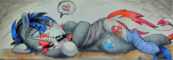 Size: 1271x440 | Tagged: safe, artist:pepperscratch, derpibooru import, oc, oc:blue moon, oc:peppermint crush, unofficial characters only, pony, unicorn, clothes, eyes closed, female, heart, male, mare, oc x oc, shipping, socks, stallion, straight, striped socks, traditional art