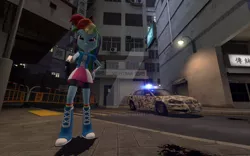 Size: 1024x640 | Tagged: safe, artist:tonystorm12, derpibooru import, rainbow dash, equestria girls, 3d, boots, car, clothes, compression shorts, gun, police car, scenery, skirt, socks, solo, watermark, weapon, wristband