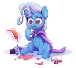 Size: 1139x1021 | Tagged: safe, artist:dawnfire, derpibooru import, trixie, pony, unicorn, blushing, cape, clothes, cute, diatrixes, heart, inkwell, letter, levitation, magic, quill, scissors, simple background, sitting, smiling, solo, telekinesis, transparent background, trixie's cape, valentine, valentine's day