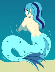 Size: 2550x3300 | Tagged: suggestive, alternate version, artist:badumsquish, derpibooru import, sonata dusk, half-siren, mermaid, monster girl, siren, equestria girls, beach, breasts, clothes, female, light skin, looking at you, looking back, nudity, partial nudity, ponytail, prone, sand, sideboob, smiling, solo, topless, water