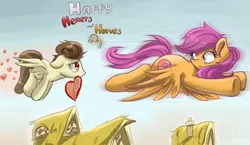 Size: 1200x697 | Tagged: safe, artist:redheadfly, derpibooru import, pound cake, scootaloo, pegasus, pony, female, flying, heart, heart eyes, improvement, looking at each other, looking back, male, older, ponyville, remake, scootaloo can fly, scootapound, shipping, straight, the cmc's cutie marks, valentine's day, wingding eyes