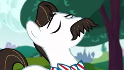 Size: 1280x720 | Tagged: safe, derpibooru import, screencap, barber groomsby, earth pony, pony, on your marks, bowtie, eyes closed, facial hair, male, moustache, raised eyebrow, solo, stallion