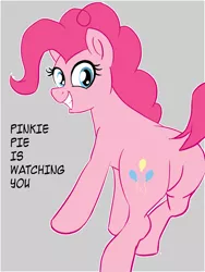 Size: 1800x2400 | Tagged: safe, artist:hardbrony, derpibooru import, pinkie pie, 1984, big brother, pinkie pie is watching you, plot, poster, simple background, smiling, solo