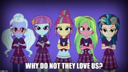 Size: 888x499 | Tagged: safe, derpibooru import, indigo zap, lemon zest, sour sweet, sugarcoat, sunny flare, equestria girls, bronybait, clothes, crossed arms, crystal prep academy uniform, crystal prep shadowbolts, grammar error, headphones, image macro, meme, sad, school uniform, shadow five, shadowbolt comments, unleash the magic