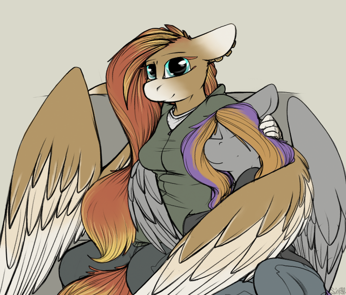 Size: 854x730 | Tagged: anthro, artist:sinrar, cuddling, cute, derpibooru import, folded wings, hug, oc, oc:sinrar, oc:wild spice, pegasus, safe, snuggling, unofficial characters only, winghug