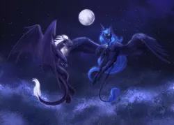 Size: 4000x2857 | Tagged: safe, artist:dalagar, derpibooru import, princess luna, oc, alicorn, dragon, pony, canon x oc, cloud, female, flying, male, moon, night, shipping, stars, straight