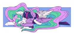 Size: 1372x642 | Tagged: safe, artist:allyclaw, deleted from derpibooru, derpibooru import, princess celestia, twilight sparkle, twilight sparkle (alicorn), alicorn, pony, cuddling, eyes closed, female, lesbian, momlestia, nuzzling, prone, shipping, snuggling, twilestia, unshorn fetlocks