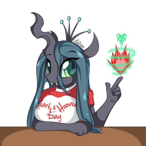 Size: 800x800 | Tagged: safe, artist:srmario, derpibooru import, queen chrysalis, anthro, changeling, breasts, busty queen chrysalis, clothes, female, magic, shirt, simple background, smiling, solo, transparent background, t-shirt