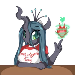 Size: 800x800 | Tagged: safe, artist:srmario, derpibooru import, queen chrysalis, anthro, changeling, breasts, busty queen chrysalis, clothes, female, magic, shirt, simple background, smiling, solo, transparent background, t-shirt