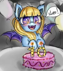 Size: 1688x1902 | Tagged: safe, artist:pucksterv, derpibooru import, oc, unofficial characters only, bat pony, pony, bat pony oc, cake, candle, cute, dessert, dialogue, fangs, fire, food, open mouth, solo, speech bubble