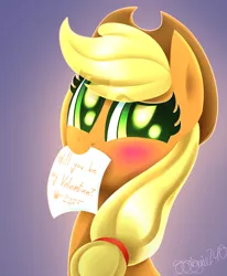 Size: 1400x1700 | Tagged: safe, artist:siggie740, derpibooru import, applejack, earth pony, pony, apple, blushing, bust, cowboy hat, cute, food, gradient background, hat, jackabetes, letter, looking at you, mouth hold, paper, solo, stetson, valentine's day