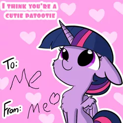 Size: 792x792 | Tagged: safe, artist:tjpones, derpibooru import, edit, twilight sparkle, twilight sparkle (alicorn), alicorn, pony, cheek fluff, chest fluff, dialogue, floppy ears, forever alone, heart, meme, narcissism, smiling, solo, valentine's day card