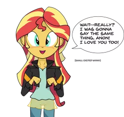 Size: 1785x1686 | Tagged: safe, artist:zharkaer, derpibooru import, sunset shimmer, human, equestria girls, blushing, cute, descriptive noise, dialogue, horse noises, humans doing horse things, implied anon, looking at you, shimmerbetes, simple background, solo, speech bubble, talking to viewer, transparent background, valentine's day, waifu