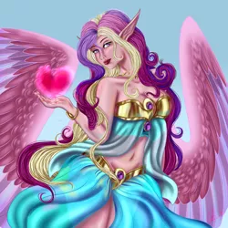 Size: 2160x2160 | Tagged: artist:crazyaniknowit, beautiful, belly button, breasts, cleavage, clothes, derpibooru import, elf ears, female, gradient background, heart, human, humanized, magic, midriff, pony coloring, princess cadance, skirt, solo, solo female, spread wings, suggestive, winged humanization