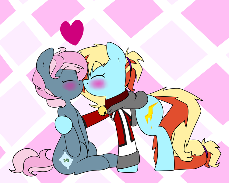 Size: 1280x1021 | Tagged: safe, artist:victoreach, derpibooru import, oc, oc:honey wound, oc:juicy dream, unofficial characters only, clothes, collar, duo, female, kissing, lesbian