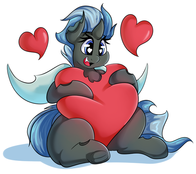 Size: 2413x2141 | Tagged: safe, artist:graphene, derpibooru import, oc, oc:nirvana, unofficial characters only, changeling, blue changeling, blue eyes, changeling oc, cute, cuteling, heart, heart eyes, horn, hug, simple background, solo, white background, wingding eyes