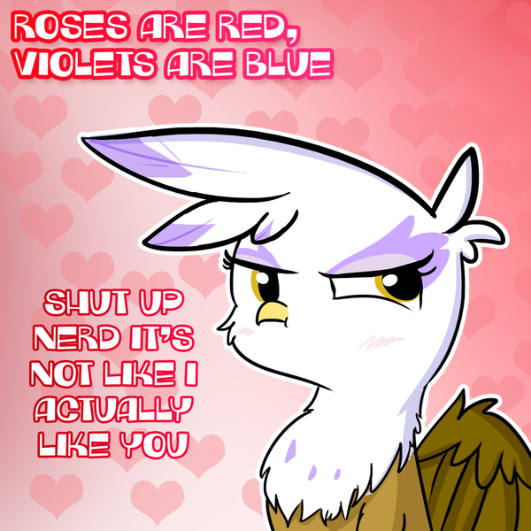 Size: 1280x1280 | Tagged: safe, artist:tjpones, derpibooru import, gilda, gryphon, abstract background, baka, blushing, bust, dialogue, female, gildere, heart, nerd, solo, tsundere, valentine's day, valentine's day card