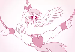 Size: 2000x1400 | Tagged: suggestive, artist:gliconcraft, derpibooru import, oc, unofficial characters only, pegasus, pony, blushing, chains, feather, heart, implied tickling, monochrome, request, requested art, simple background, solo, straps, strategically covered, valentine's day, white background