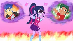 Size: 8140x4595 | Tagged: safe, artist:remcmaximus, derpibooru import, flash sentry, sci-twi, timber spruce, twilight sparkle, equestria girls, legend of everfree, absurd resolution, bowtie, clothes, female, flashlight, glasses, hair pulling, heart, indecision, male, shipping, skirt, socks, straight, timbertwi
