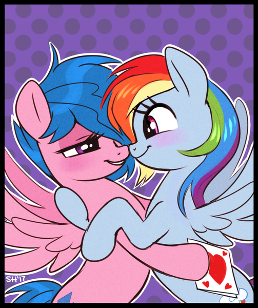 Size: 776x926 | Tagged: safe, artist:sorcerushorserus, derpibooru import, firefly, rainbow dash, pegasus, pony, blushing, dashfly, female, g1, hug, lesbian, shipping, valentine, valentine's day