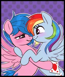 Size: 776x926 | Tagged: safe, artist:sorcerushorserus, derpibooru import, firefly, rainbow dash, pegasus, pony, blushing, dashfly, female, g1, hug, lesbian, shipping, valentine, valentine's day