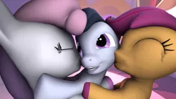 Size: 3840x2160 | Tagged: safe, artist:viranimation, derpibooru import, rumble, scootaloo, sweetie belle, 3d, female, hoof polish, kiss on the cheek, kiss sandwich, kissing, male, nail polish, rumbelle, rumble gets all the fillies, rumbloo, shipping, straight
