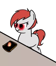 Size: 1083x1280 | Tagged: safe, artist:neuro, derpibooru import, oc, ponified, unofficial characters only, object pony, original species, pony, toaster pony, angry, bread, burnt, female, fire, food, glowing eyes, heat vision, mare, scrunchy face, simple background, solo, toast, toaster, transparent background